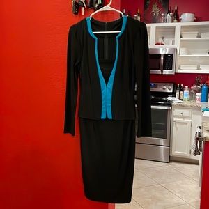 Women’s long sleeve black dress with blue accents